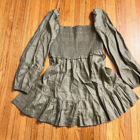 Quince Dresses & Skirts - Quince Dress Womens XL Beige Linen Long Sleeve Smocked Off The Shoulder Mini